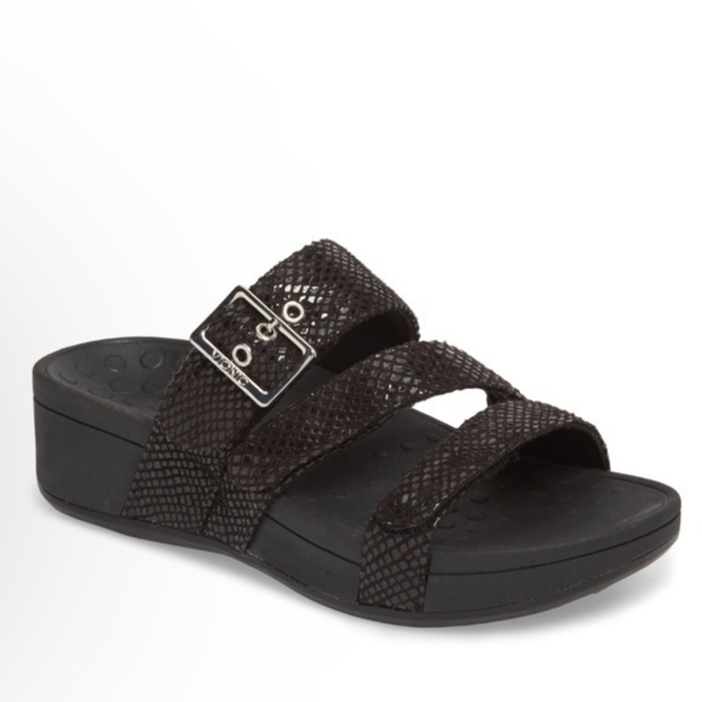 ▶️ Vionic ◀️ Rio  Wedge Platform Black Reptile Embossed Sandals BUCKLES Size 9